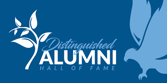 Distinguished Alumni and Hall of Fame text logo with branch and leaves