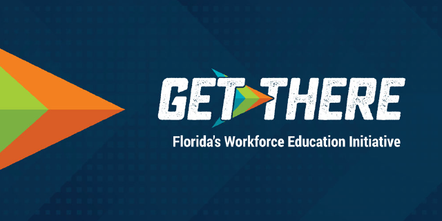 Dark blue background with white Get There FLorida's Workforce Education Initiative text